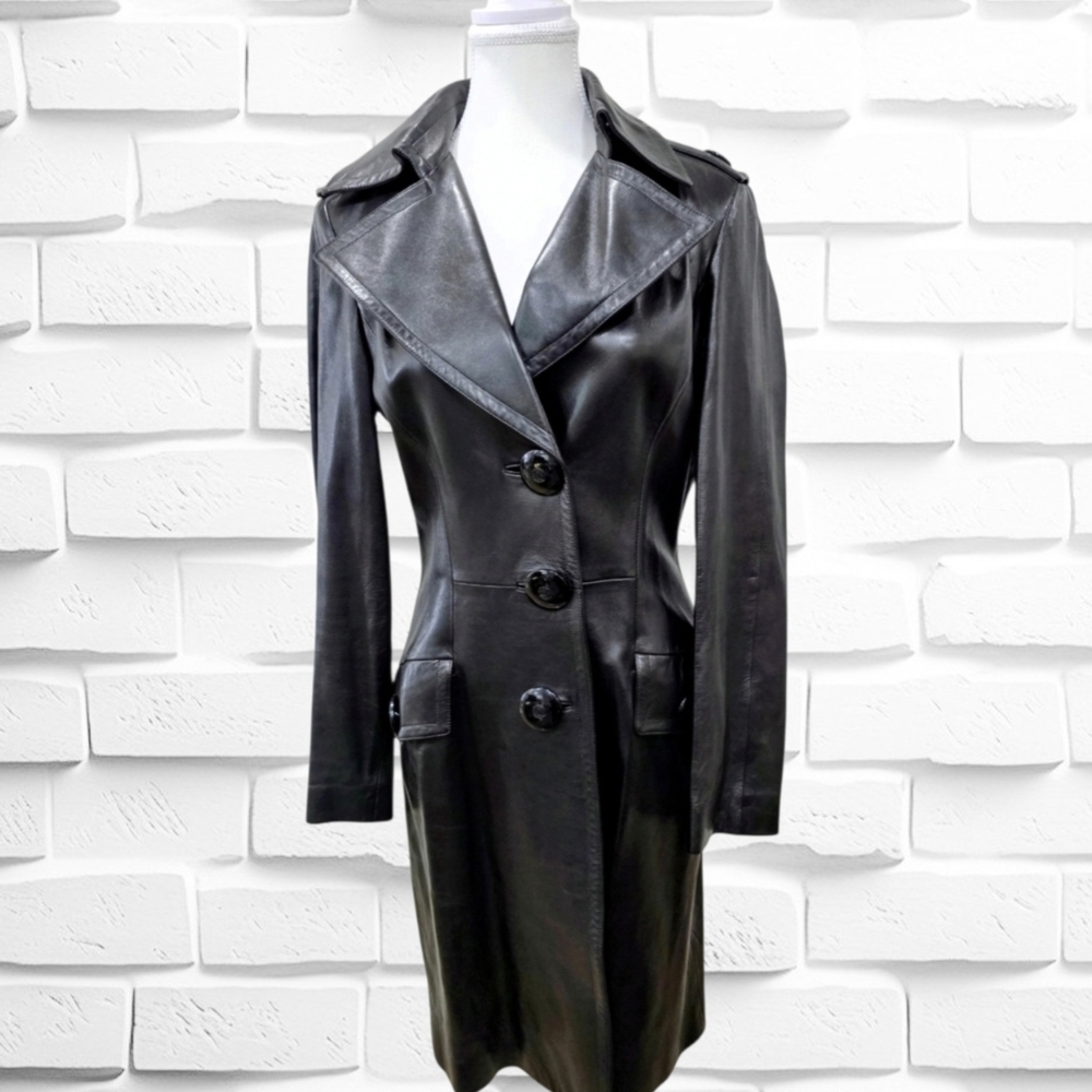 Authentic Gianni Versace Black Leather Women's Coat